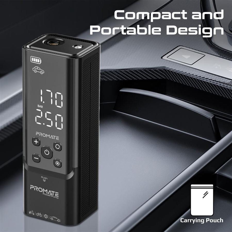 Promate POWERPUMP - 150PSI Portable Air Compressor Power Bank w/ LED Flashlight. 7500mAh Battery