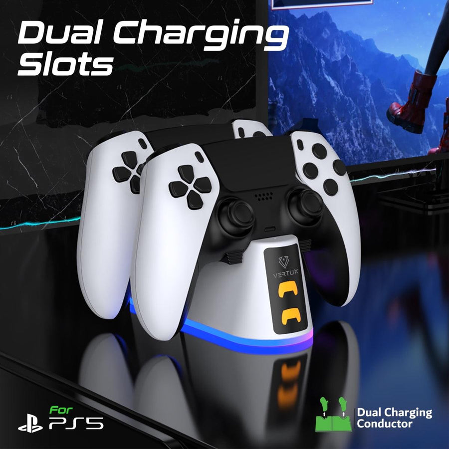 VERTUX DUODOCK-PS5 - 2-in-1 Charging Dock for PS5 DualSense Controller w/ RGB Lights. Charging Status