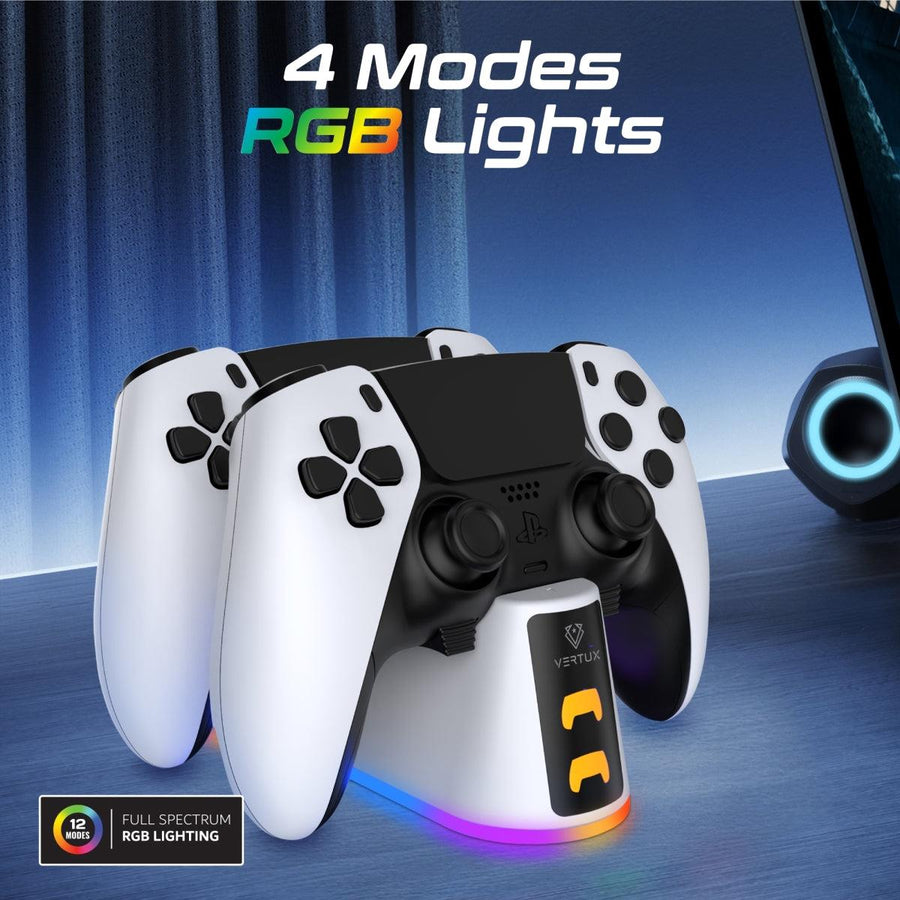 VERTUX DUODOCK-PS5 - 2-in-1 Charging Dock for PS5 DualSense Controller w/ RGB Lights. Charging Status