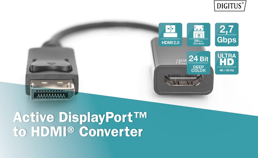 DB-340415-002-S - Digitus DisplayPort (M) to HDMI Type A (F) Active Adapter Cable
