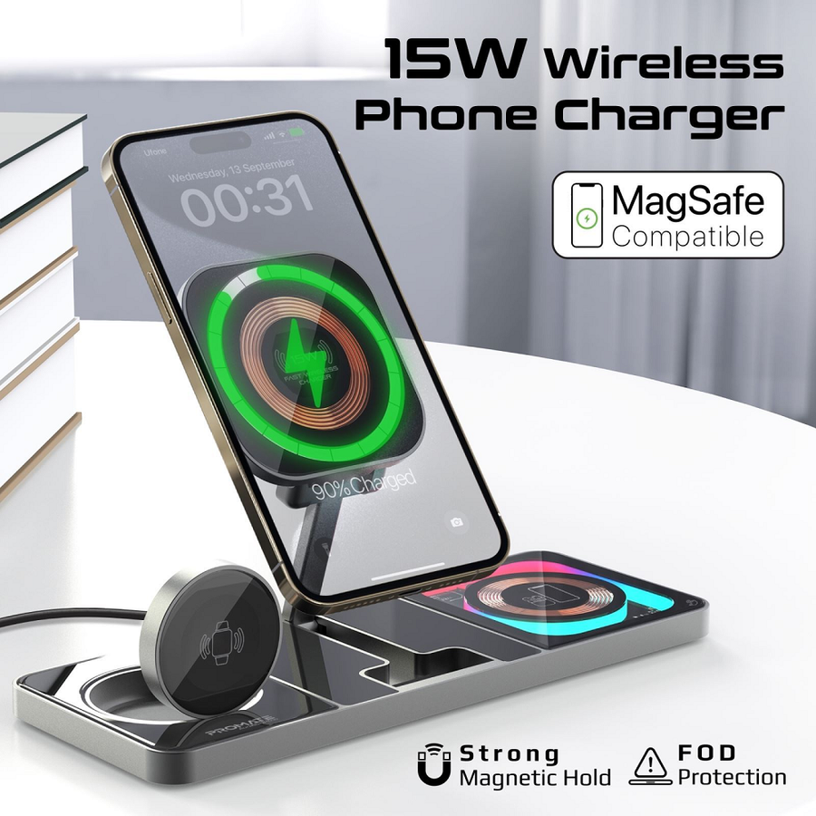Promate AURASLATE-TRIO - 3-in-1 Ultra-Slim 15W MagSafe Charging Station. 3W Apple Watch Charger 5W