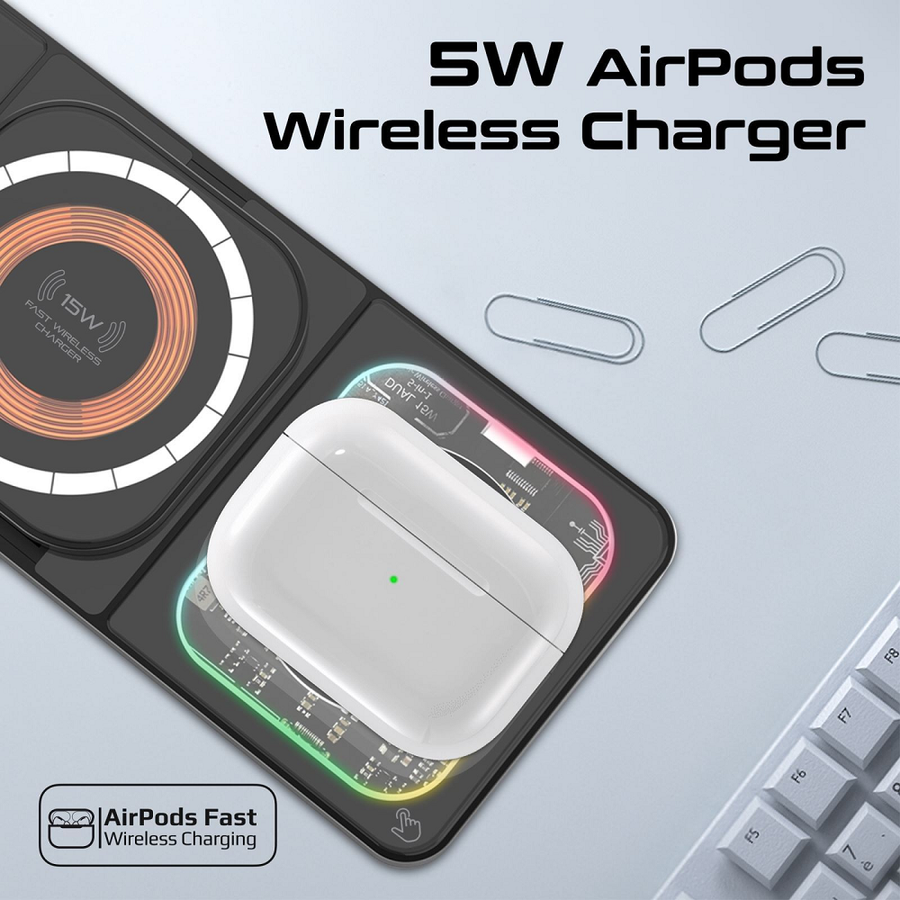 Promate AURASLATE-TRIO - 3-in-1 Ultra-Slim 15W MagSafe Charging Station. 3W Apple Watch Charger 5W