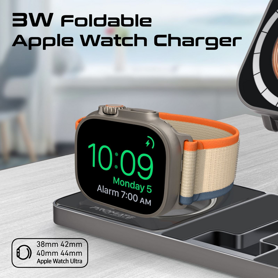 Promate AURASLATE-TRIO - 3-in-1 Ultra-Slim 15W MagSafe Charging Station. 3W Apple Watch Charger 5W