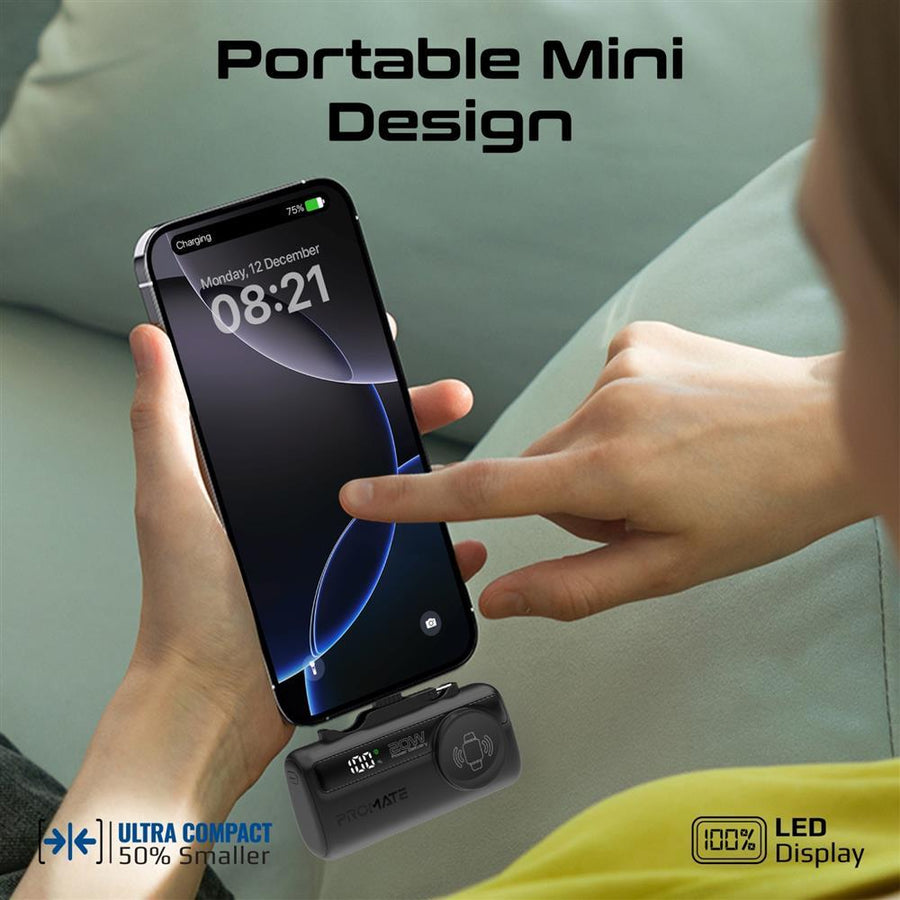 Promate POWERUP-TRIO-WHT - 5000mAh Ultra-Compact Fast Charging Power Bank In-Built Dual Folding USB-C & Lightning