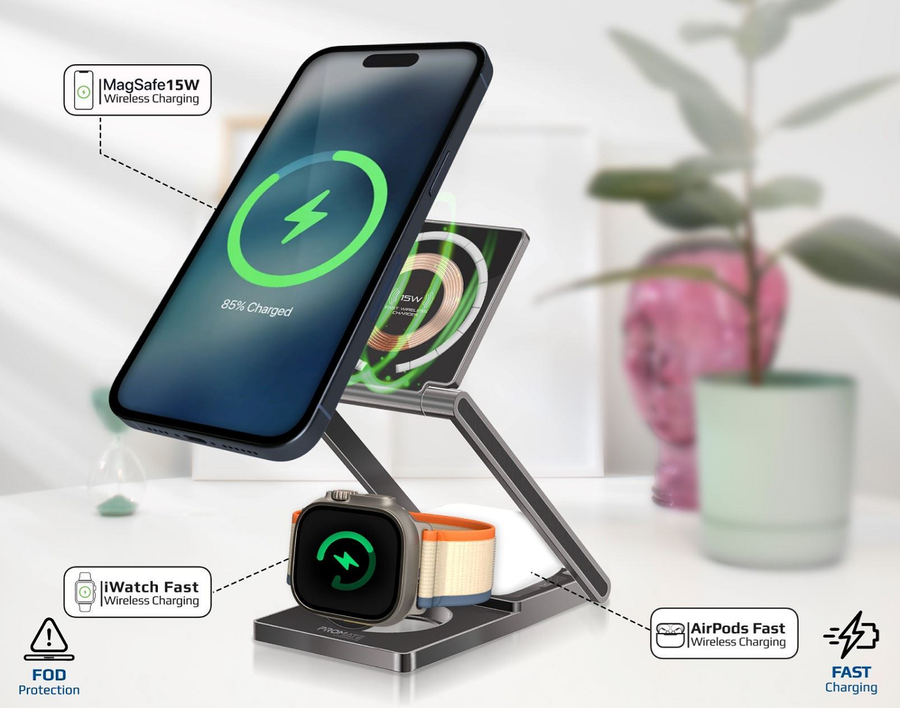 Promate LUCIDFOLD-TRIO - 3-in-1 Foldable 15W MagSafe Charging Station. 3W Apple Watch Charger