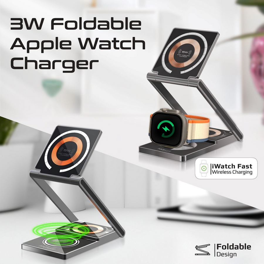 Promate LUCIDFOLD-TRIO - 3-in-1 Foldable 15W MagSafe Charging Station. 3W Apple Watch Charger