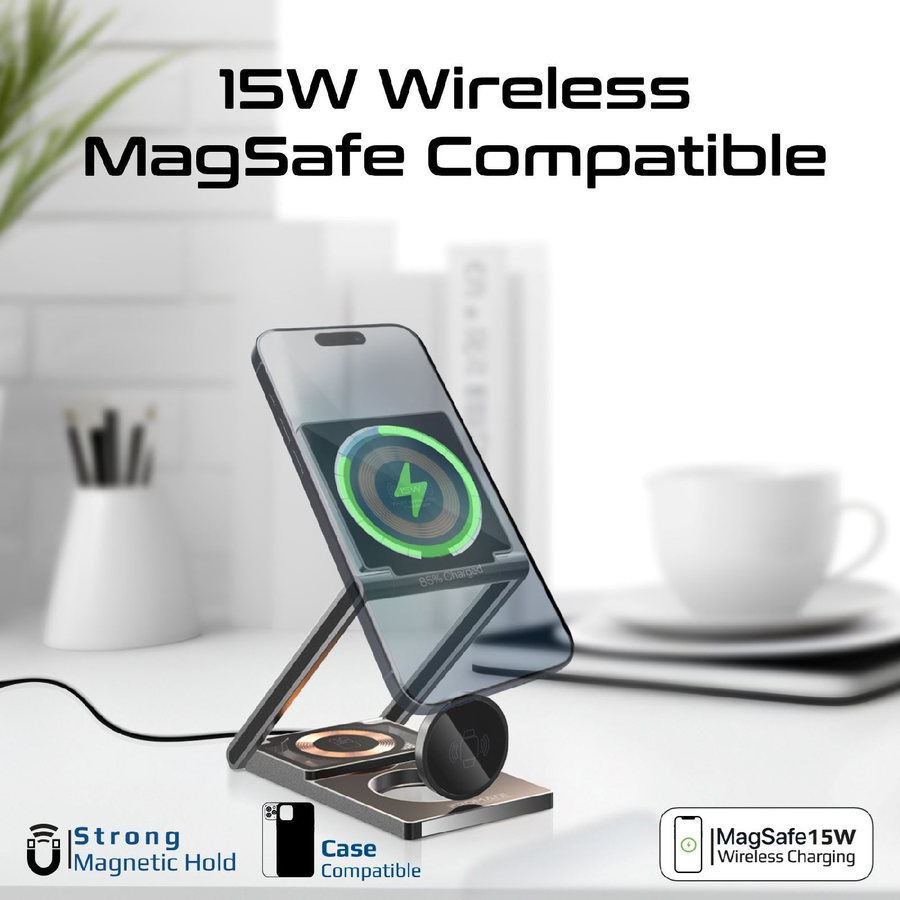 Promate LUCIDFOLD-TRIO - 3-in-1 Foldable 15W MagSafe Charging Station. 3W Apple Watch Charger