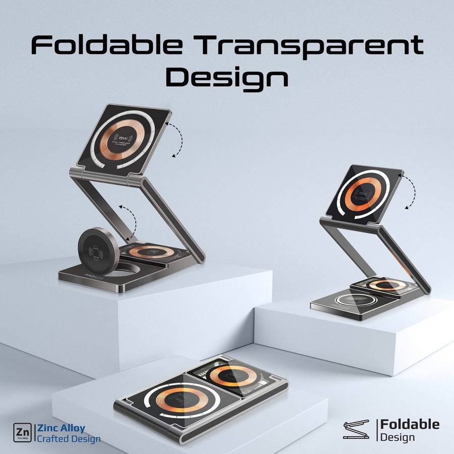 Promate LUCIDFOLD-TRIO - 3-in-1 Foldable 15W MagSafe Charging Station. 3W Apple Watch Charger