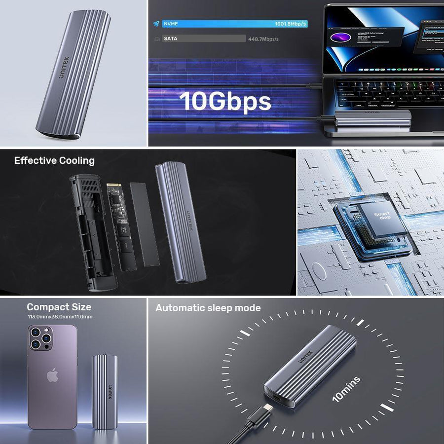 Unitek S1241B - USB-C 10Gbps to NVMe M.2 SSD Enclosure 30cm USBC to C Cable 10Gbps Transmission Speed