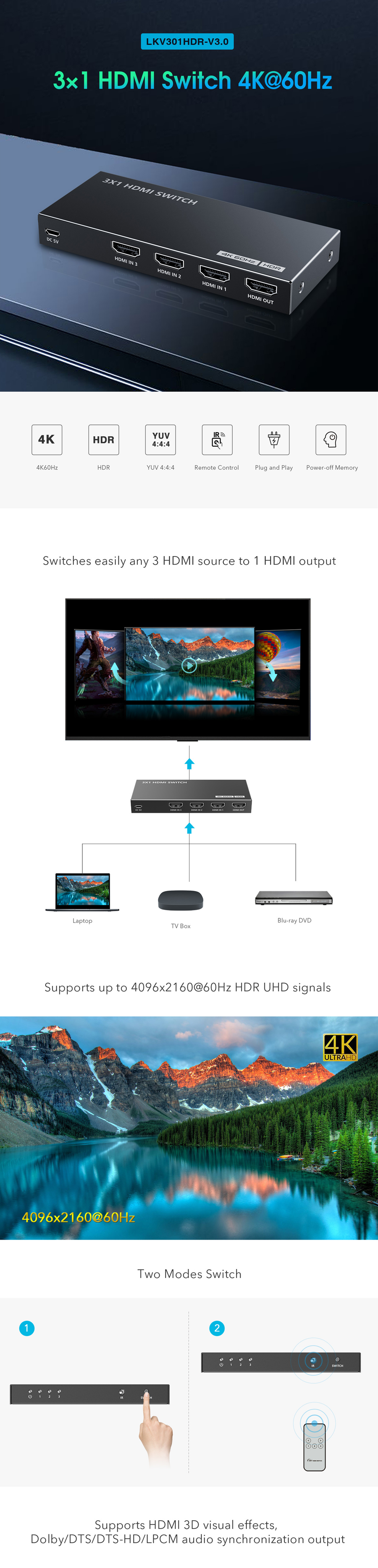 LENKENG LKV301HDR-V3-0 - 4K 3-In-1-out HDMI HDR Switch. Support 12 bit full HD video 3D video & 4K x 2K@30/60
