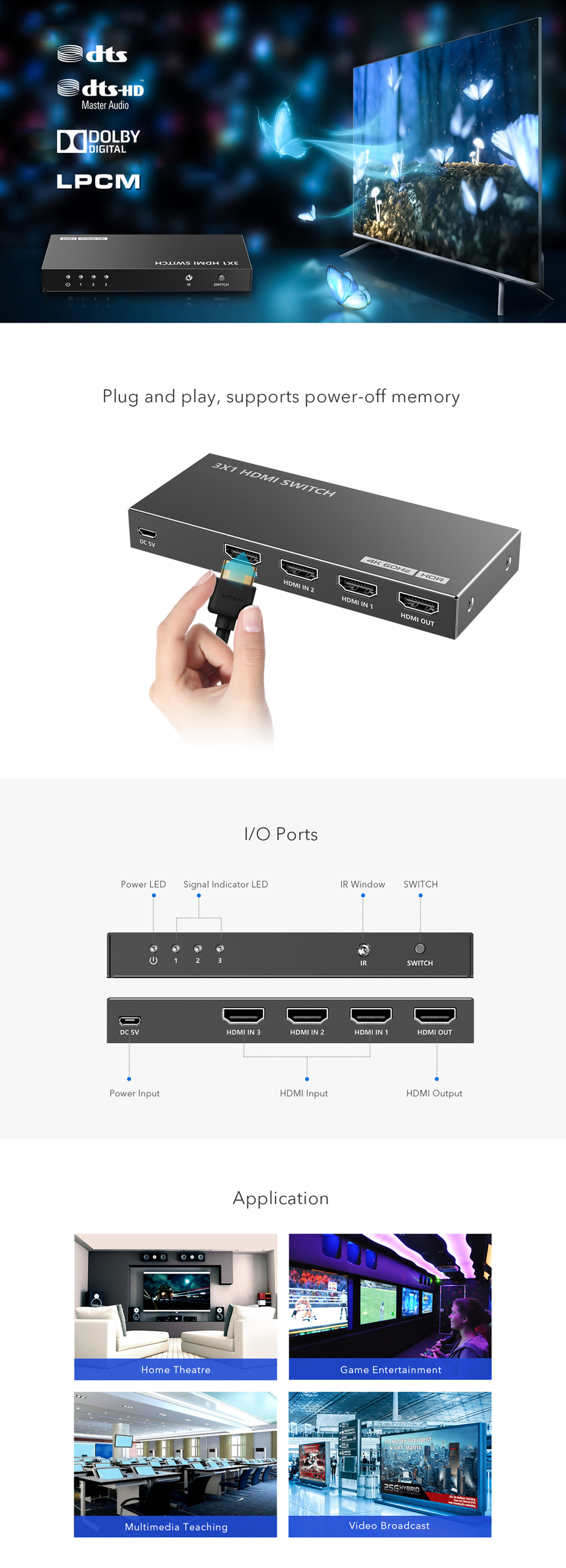 LENKENG LKV301HDR-V3-0 - 4K 3-In-1-out HDMI HDR Switch. Support 12 bit full HD video 3D video & 4K x 2K@30/60