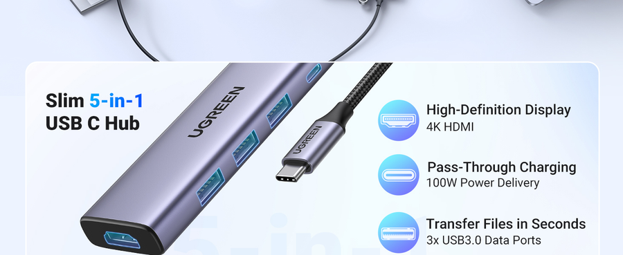 UG-15596 - UGREEN Revodok USB C Hub 5 in 1 3 USB-A 3.0  HDMI  PD 4K 30Hz