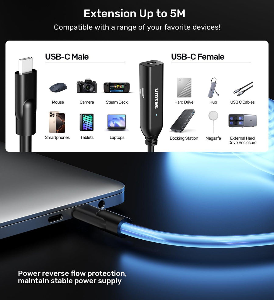Unitek U1335A - 5m 10Gbps USB-C Extension Cable Built-in Signal Boosters 10Gbps Data Transfer