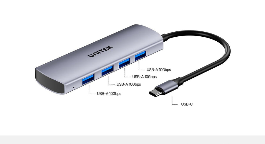 Unitek H1112E - 4-in-1 10Gbps USB Multi-Port Hub w/ USB-C Connector. Includes 4x USB-A Ports.