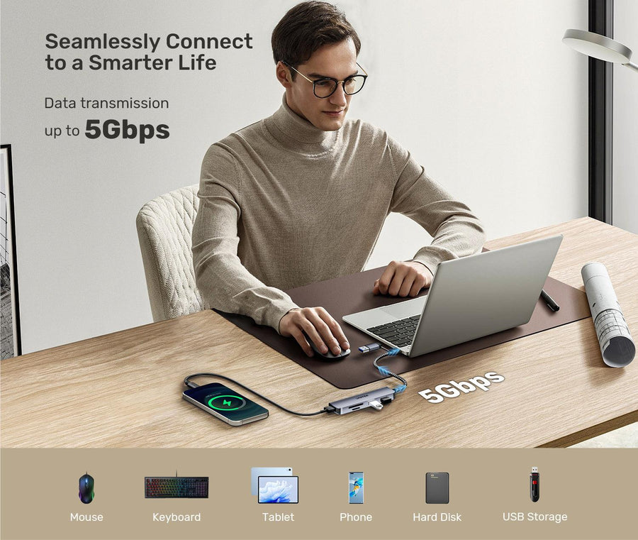 Unitek H1320A - 5-in-1 5Gbps USB Multi-Port Hub w/ USB-C/A Connector. 3x USB-A Ports & SD Card.