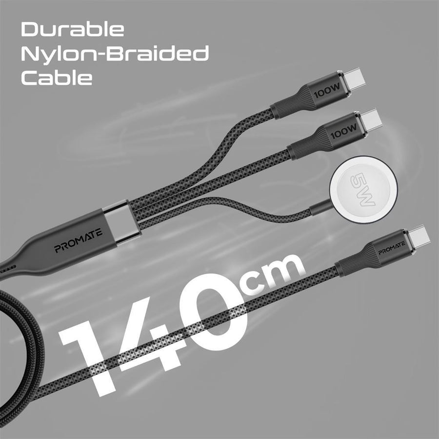 Promate FUSION-CCW-BLK - 1.4m 100W High-Speed Multi Device Charging Cable w/ Apple Watch Charger. 2x 100W PD USBC