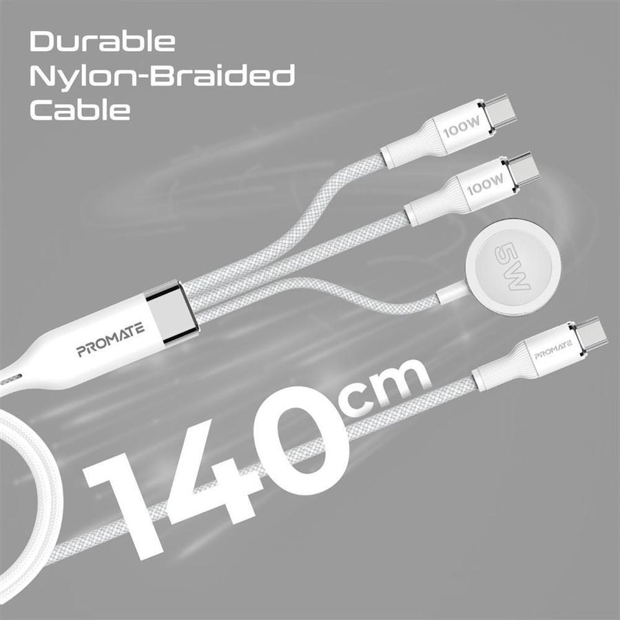 Promate FUSION-CCW-WHT - 1.4m 100W High-Speed Multi Device Charging Cable w/ Apple Watch Charger. 2x 100W PD USBC
