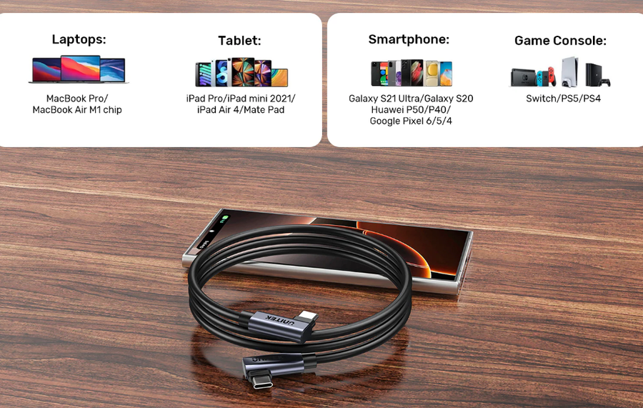 Unitek C14147A - 0.5m 100W Right Angle USB-C to Right Angle USB-C Cable. PD3.0/QC3.0 Fast Charging