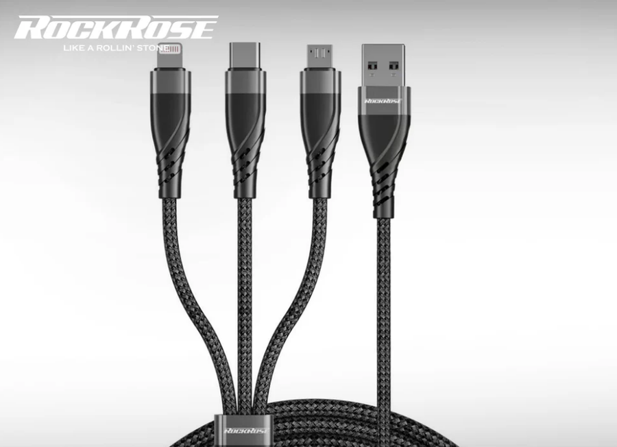 RockRose Hercules Trident 3-in-1 Charging Cable - 1m - - USB-A  to Micro USB & USB-C & Lightning