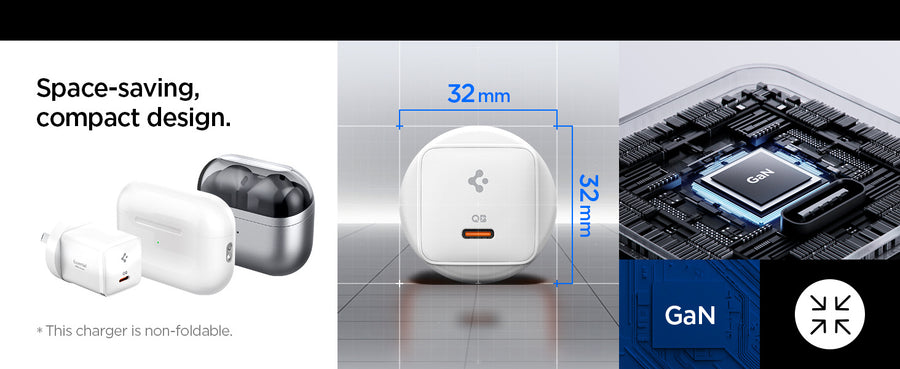 Spigen Essential 30W USB-C PD GaN Fast Charging Wall Charger - White - Up to 30W PD Fast Charging - Compact Design - Support Apple iPhone, iPad, Samsung Smart Phone PD Fast Charging