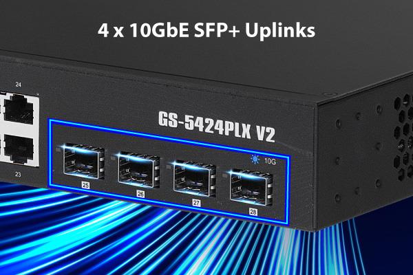 EDIMAX GS-5424PLXV2 - 24 Port Gigabit PoE+ Web Smart Surveillance Switch w/ 4 Port 10GbE SFP+ Uplinks.