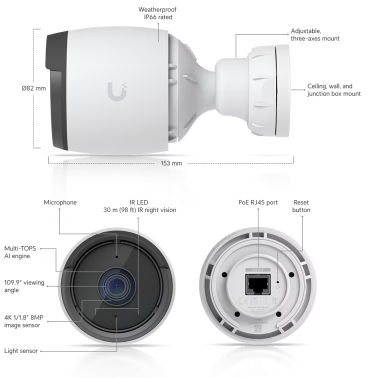 UVC-G6-Bullet-W - Ubiquiti UniFi G6 Bullet White All-weather 4K PoE Camera with Multi-TOPS AI Engine