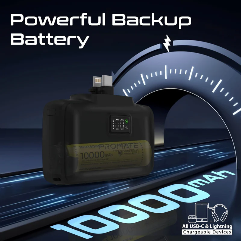 Promate POWERUP-10DUO-BL - 10000mAh Ultra-Compact Fast Charging Power Bank In-Built Dual Folding USB-C & Lightning