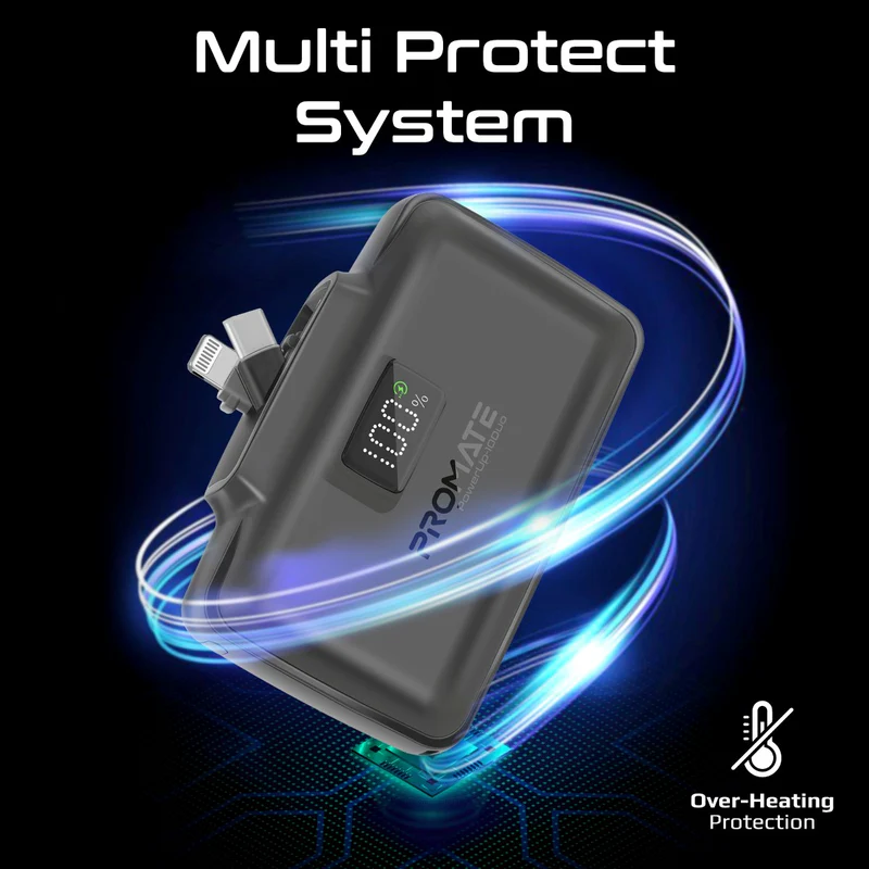 Promate POWERUP-10DUO-BL - 10000mAh Ultra-Compact Fast Charging Power Bank In-Built Dual Folding USB-C & Lightning