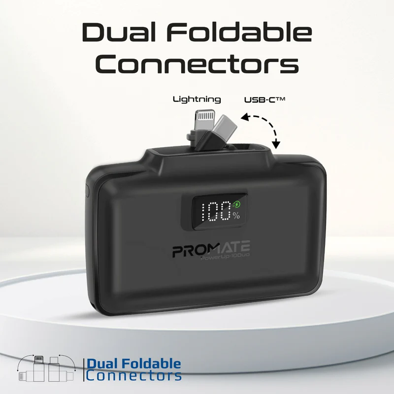 Promate POWERUP-10DUO-BL - 10000mAh Ultra-Compact Fast Charging Power Bank In-Built Dual Folding USB-C & Lightning
