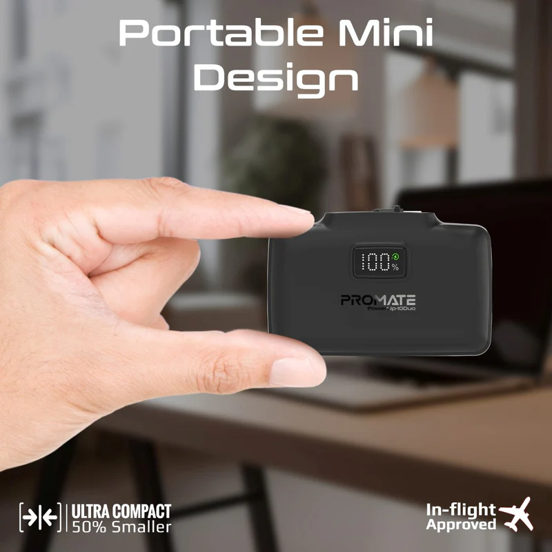 Promate POWERUP-10DUO-BL - 10000mAh Ultra-Compact Fast Charging Power Bank In-Built Dual Folding USB-C & Lightning