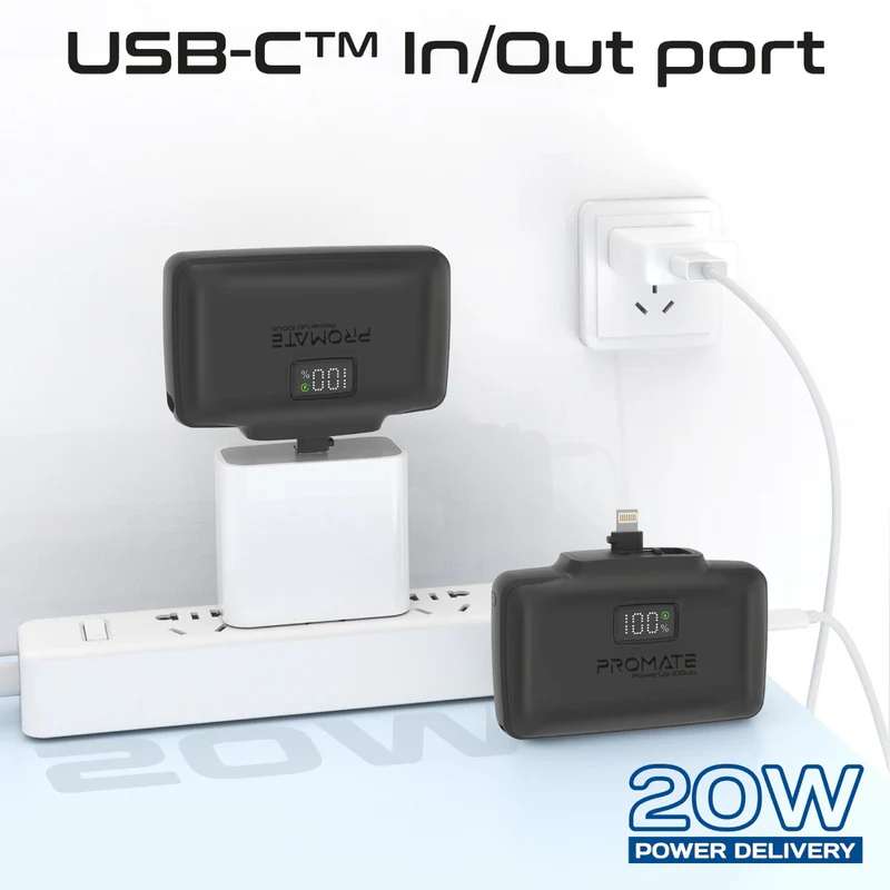 Promate POWERUP-10DUO-BL - 10000mAh Ultra-Compact Fast Charging Power Bank In-Built Dual Folding USB-C & Lightning