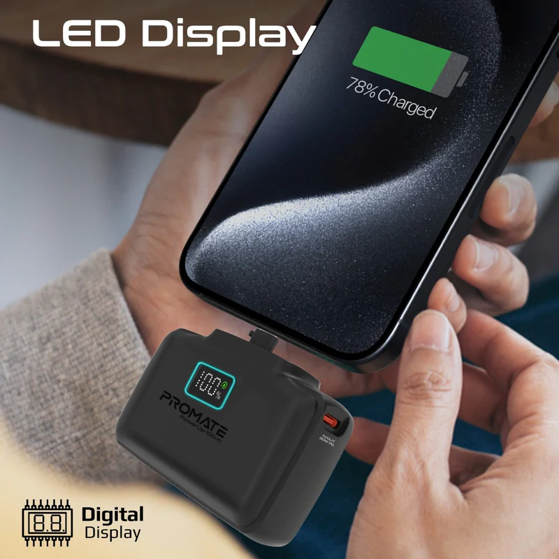 Promate POWERUP-10DUO-BL - 10000mAh Ultra-Compact Fast Charging Power Bank In-Built Dual Folding USB-C & Lightning