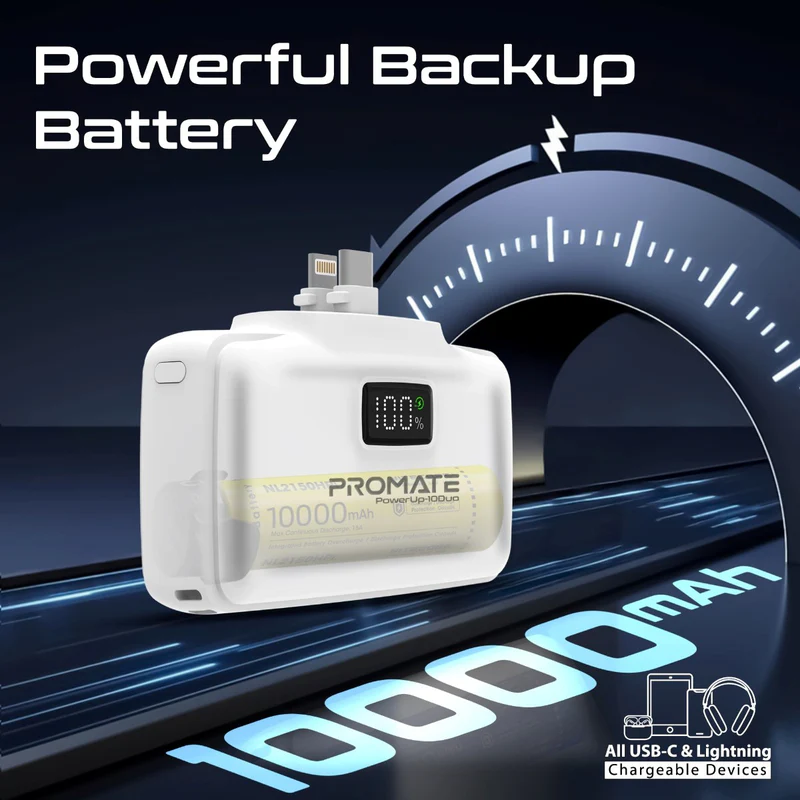 Promate POWERUP-10DUO-WT - 10000mAh Ultra-Compact Fast Charging Power Bank In-Built Dual Folding USB-C & Lightning