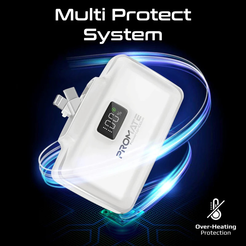 Promate POWERUP-10DUO-WT - 10000mAh Ultra-Compact Fast Charging Power Bank In-Built Dual Folding USB-C & Lightning
