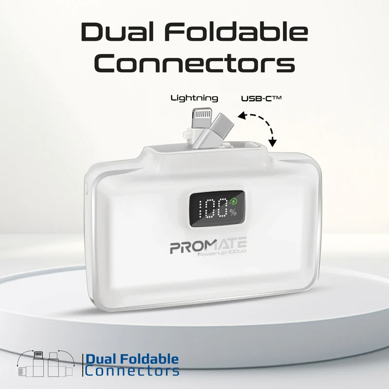 Promate POWERUP-10DUO-WT - 10000mAh Ultra-Compact Fast Charging Power Bank In-Built Dual Folding USB-C & Lightning