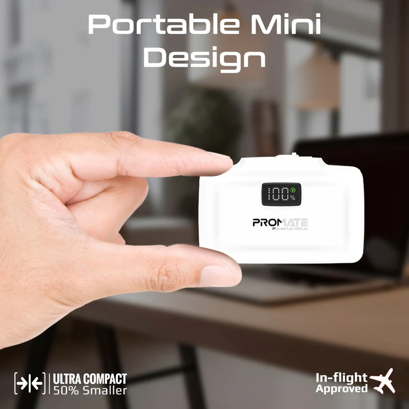 Promate POWERUP-10DUO-WT - 10000mAh Ultra-Compact Fast Charging Power Bank In-Built Dual Folding USB-C & Lightning