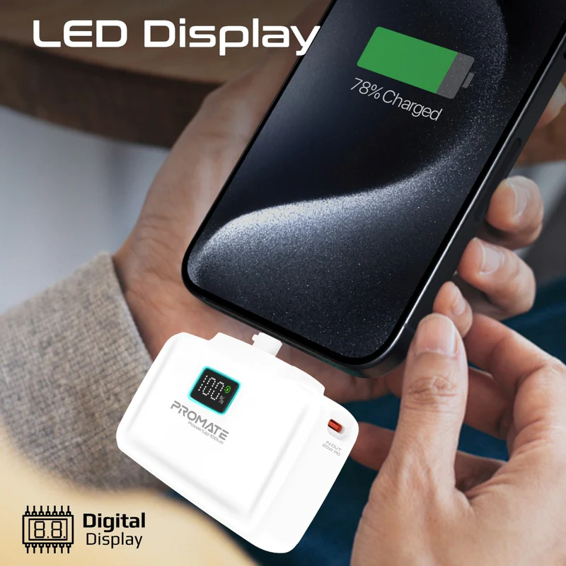 Promate POWERUP-10DUO-WT - 10000mAh Ultra-Compact Fast Charging Power Bank In-Built Dual Folding USB-C & Lightning