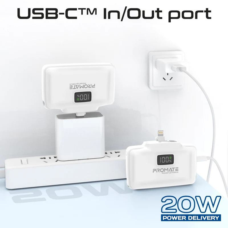 Promate POWERUP-10DUO-WT - 10000mAh Ultra-Compact Fast Charging Power Bank In-Built Dual Folding USB-C & Lightning