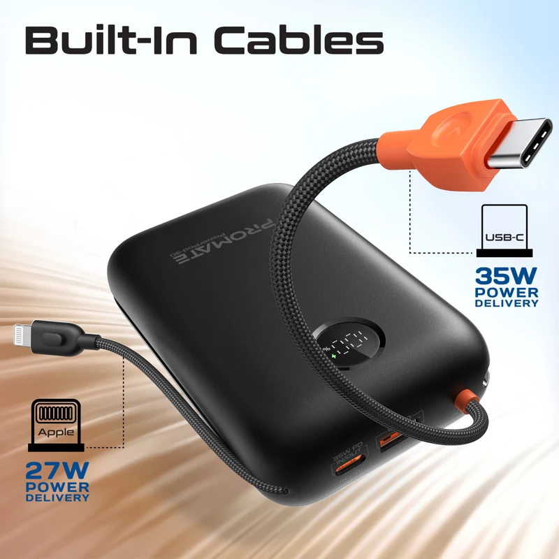 Promate POWERPOD-30-BL - 30000mAh Ultra Compact 35W SuperSpeed Pwr Bank w Built-in USB-C & Lightning Cables. 35W