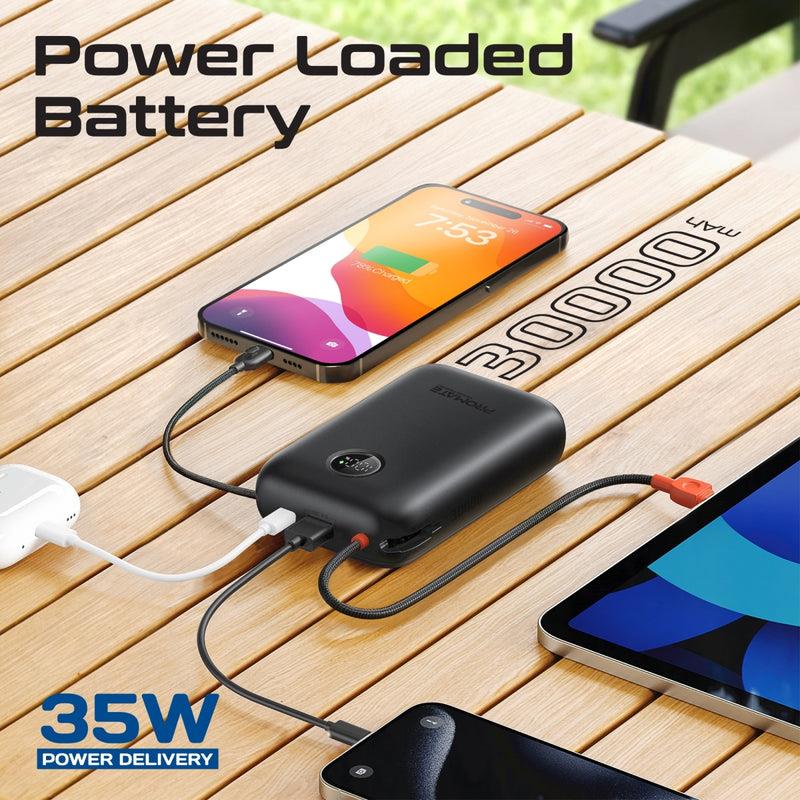 Promate POWERPOD-30-BL - 30000mAh Ultra Compact 35W SuperSpeed Pwr Bank w Built-in USB-C & Lightning Cables. 35W