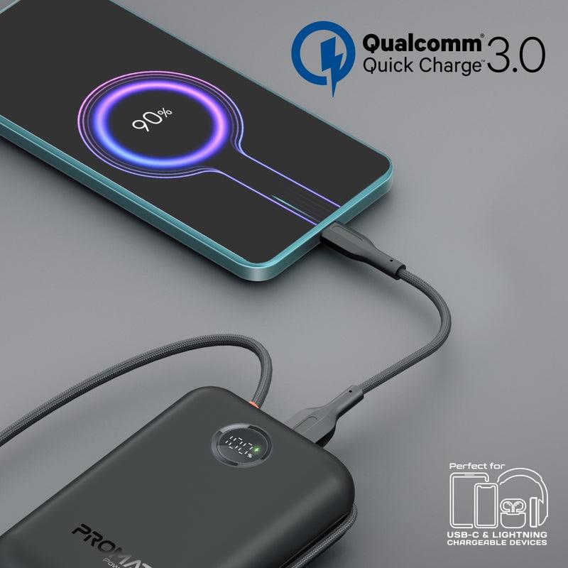 Promate POWERPOD-30-BL - 30000mAh Ultra Compact 35W SuperSpeed Pwr Bank w Built-in USB-C & Lightning Cables. 35W