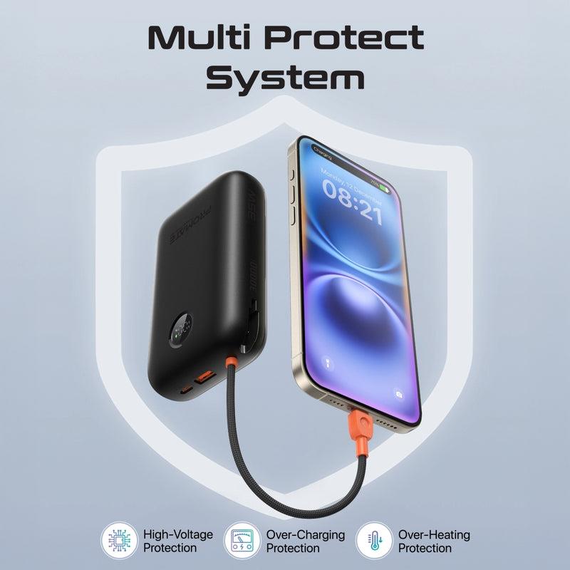 Promate POWERPOD-30-BL - 30000mAh Ultra Compact 35W SuperSpeed Pwr Bank w Built-in USB-C & Lightning Cables. 35W