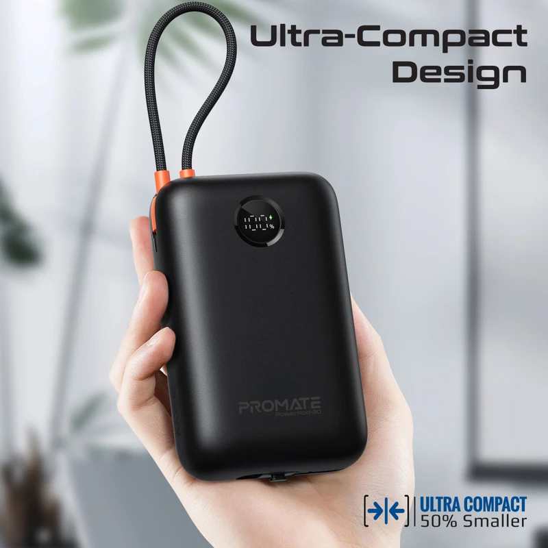 Promate POWERPOD-30-BL - 30000mAh Ultra Compact 35W SuperSpeed Pwr Bank w Built-in USB-C & Lightning Cables. 35W