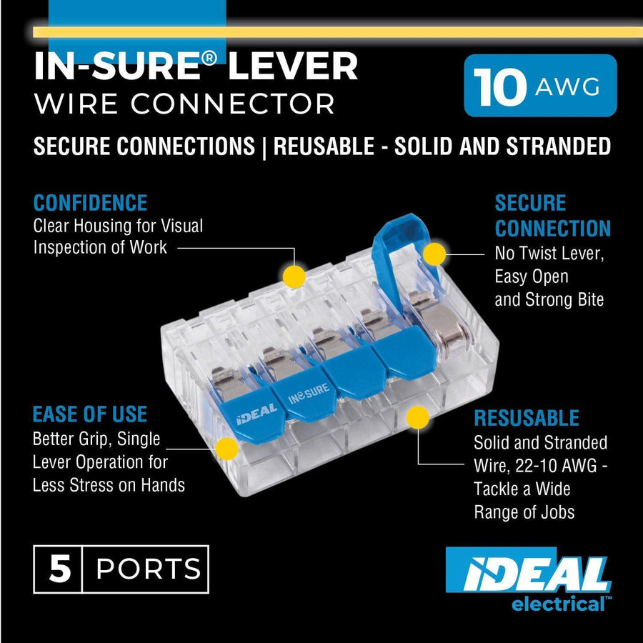 IDEAL INDUSTRIES IDL30-10L35JA - 30A 5 Port Wire Connector Lever. 20pc Jar. 0.5 mm2 to 6.0 mm2