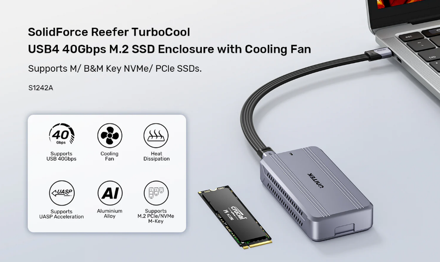 Unitek S1242A - Solid Force Reefer TurboCool USB4 40Gbps M.2 SSD Enclusure Cooling Fan. M/BandM Key