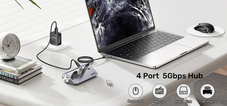 Unitek H1337A - 4-in-1 Multi-Port Hub w/ USB-C Connector. 2x USB-C 2x USB-A Ports. Supports 5Gbps