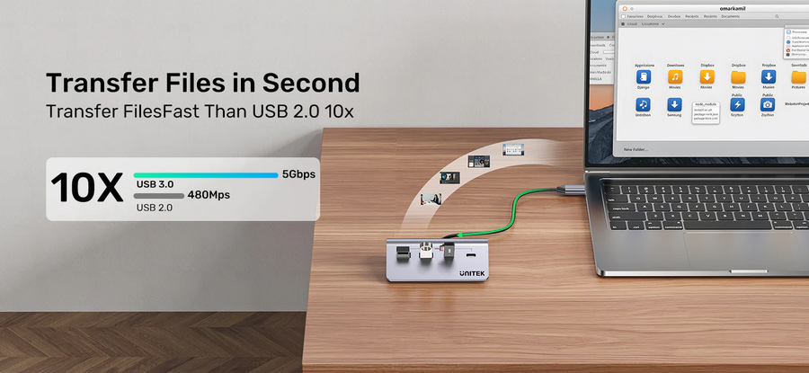 Unitek H1337A - 4-in-1 Multi-Port Hub w/ USB-C Connector. 2x USB-C 2x USB-A Ports. Supports 5Gbps