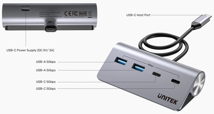 Unitek H1337A - 4-in-1 Multi-Port Hub w/ USB-C Connector. 2x USB-C 2x USB-A Ports. Supports 5Gbps