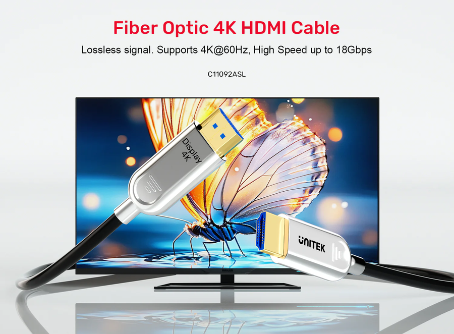Unitek C11092A-60M - 60m HDMI 4K Fibre Optic 2.0 Cable w/ 24K Gold-plated Connectors. Supports HDR ARC
