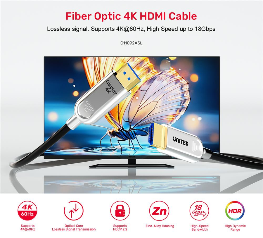 Unitek C11092A-50M - 50m HDMI 4K Fibre Optic 2.0 Cable w/ 24K Gold-plated Connectors. Supports HDR ARC